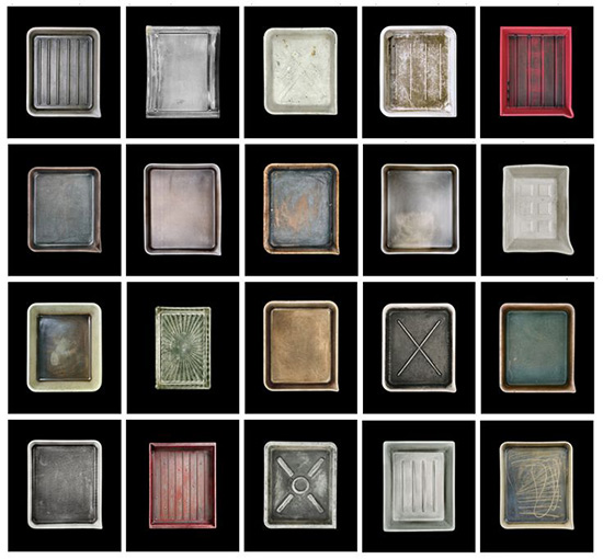 Photographic typology of developer trays belonging to famous photographers, arranged in a grid