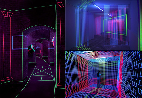 Installations with thread and UV light by Jeongmoon Choi
