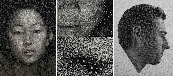 Portraits by Kumi Yamashita made with thread and wire brads