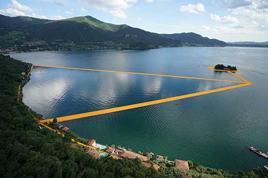 art installation, fabric covered floating piers by  Christo and Jeanne-Claude
