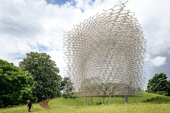 Wolfgang Buttress's environmental installation "The Hive," that uses honeybees, sound and metal rods