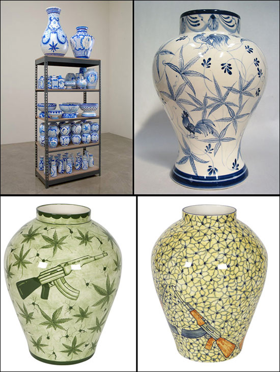 Eduardo Sarabia ceramic vases with hand painted narco culture images