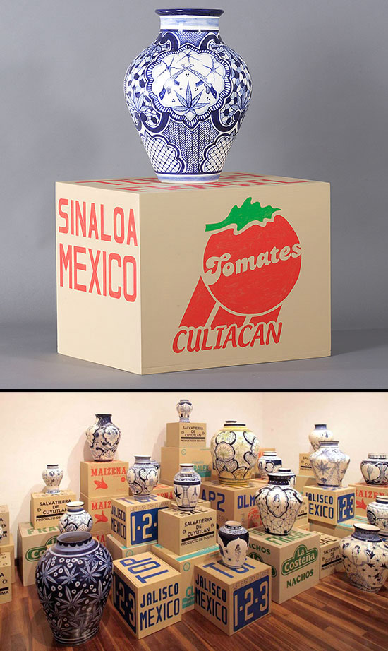 Eduardo Sarabia art installation with ceramic vases and custom shipping boxes