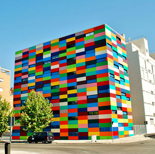 building exterior made from colorful lego-like blocks