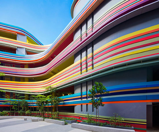 building exterior with colored stripes