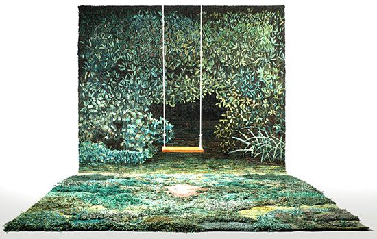 Alexandra Kehayoglou handwoven floor and wall carpet made to look like a forest scene, includes a swing
